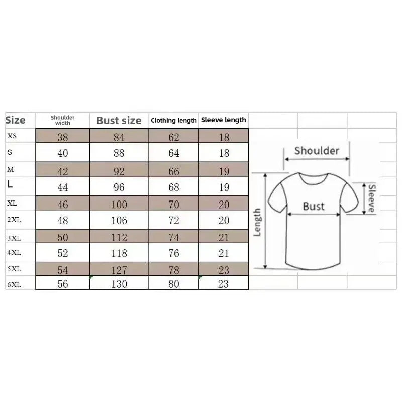 Size chart for fishing t-shirt showing measurements for XS to 6XL, including shoulder, bust, clothing and sleeve lengths.