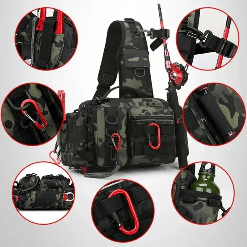Fishing tackle backpack with rod holder, pockets, and carabiner clips for organized gear storage.