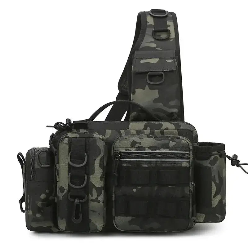 Fishing tackle backpack in camouflage design with multiple pockets and a sling strap for organized gear storage.