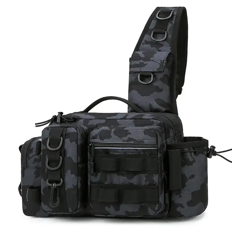 Stylish camouflage fishing tackle backpack with multiple pockets and a shoulder strap for gear storage.