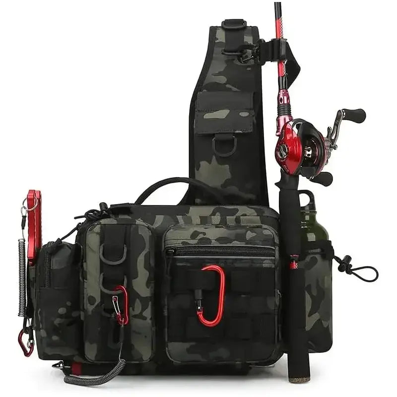 Fishing tackle backpack with rod holder, camo design, features multiple pockets for gear storage and accessories.