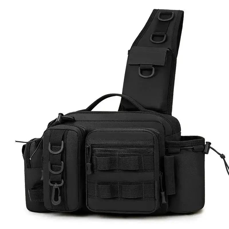Black fishing tackle backpack with multiple pockets and a sling strap for organized gear storage.
