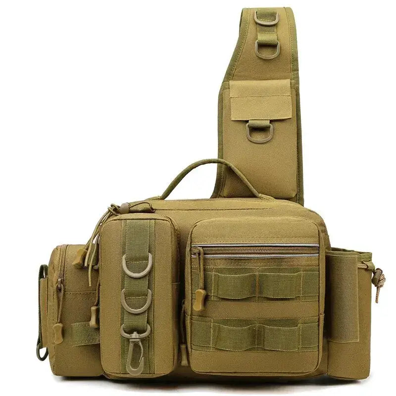 Fishing tackle backpack with multiple pockets and strap, ideal for organizing gear on the go.