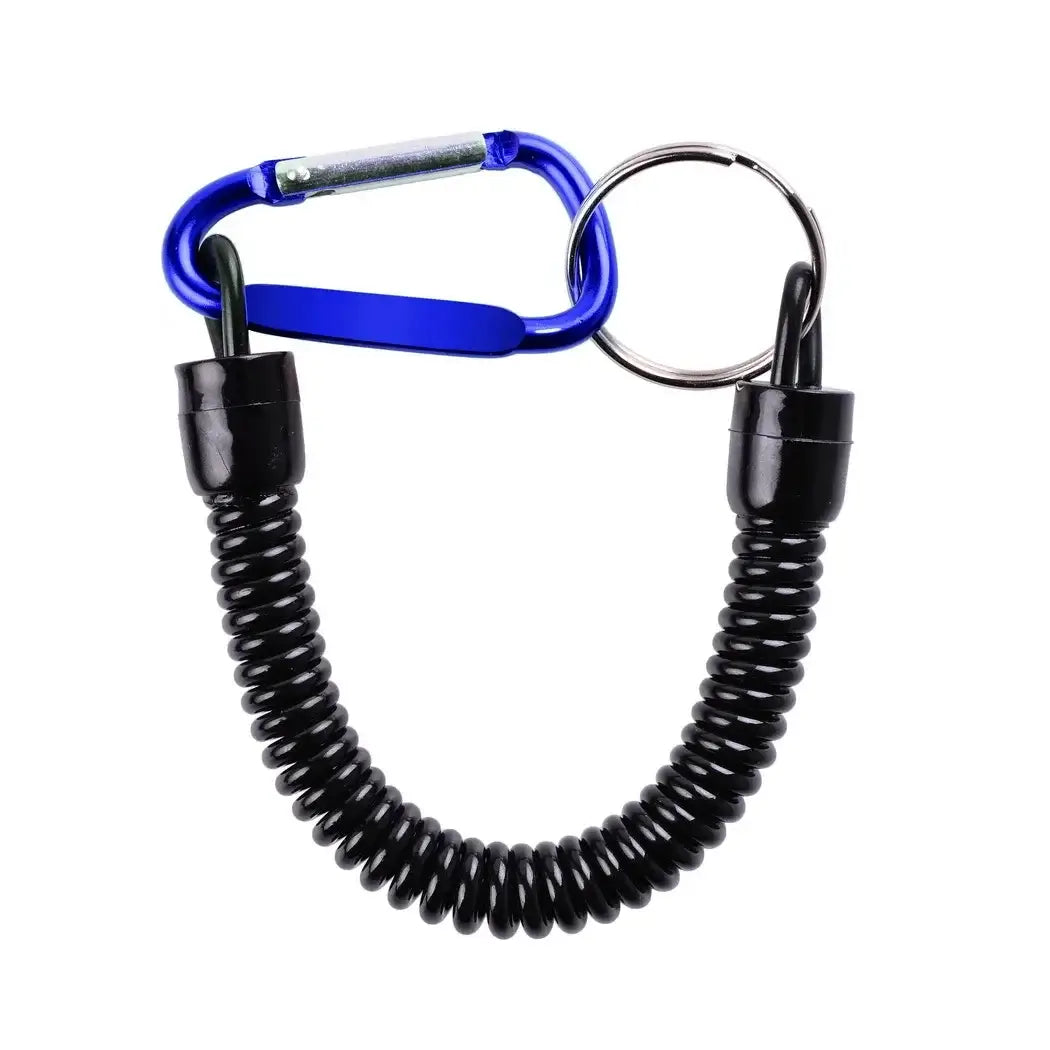 Carabiner clip with black coiled tether, ideal for securing tools and accessories during outdoor activities.