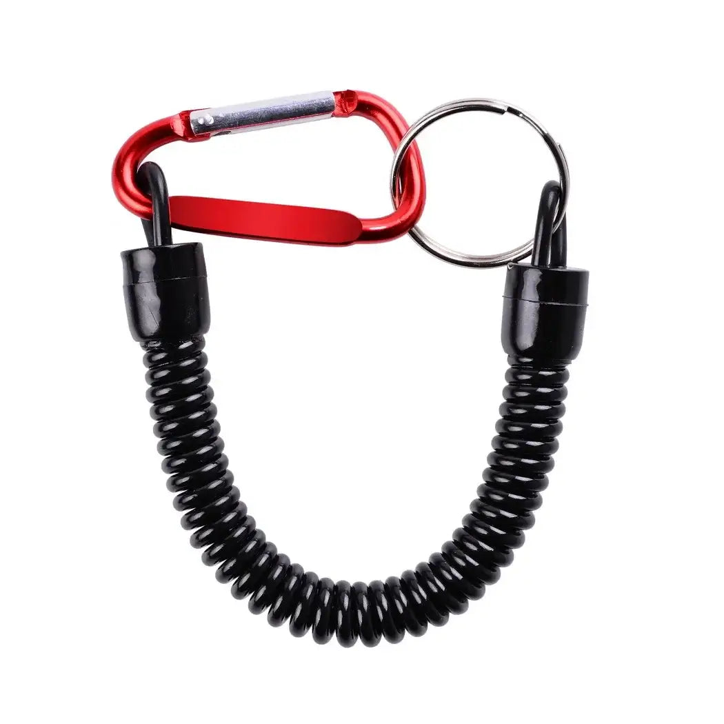 Red carabiner clip and coiled tether keychain for secure tools, fishing equipment, and outdoor gear.