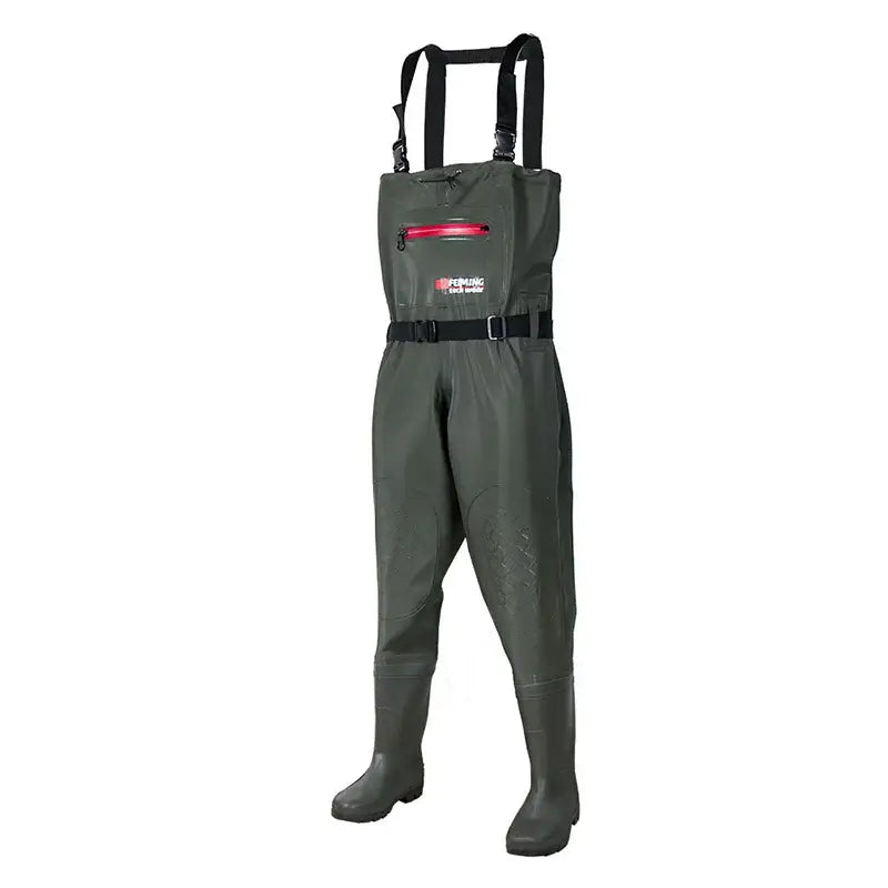 Chest-length waterproof fishing wader pants overalls with integrated boots for men and women, ideal for anglers.