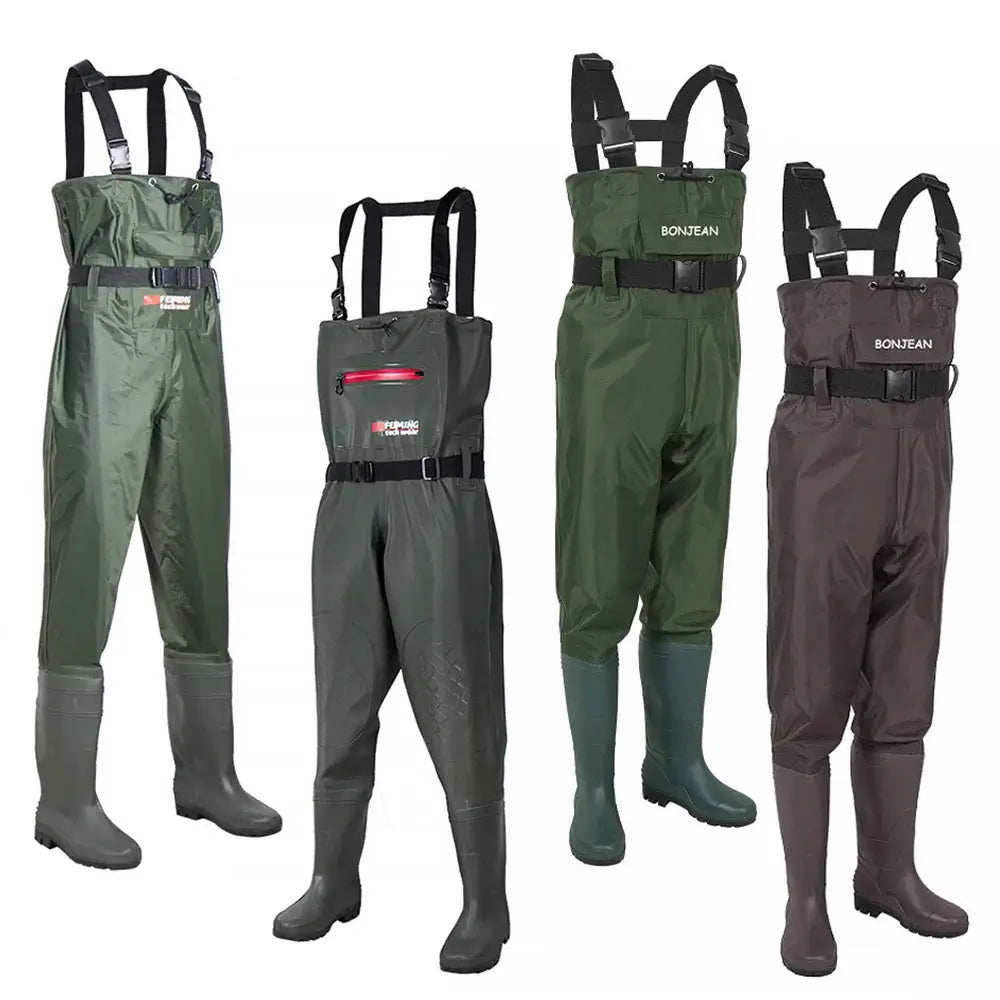 Fishing wader pants overalls set with integrated boots, designed for waterproof protection and comfort for anglers.