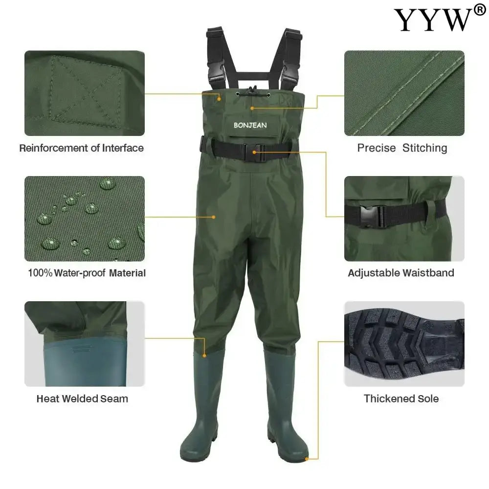 Fishing wader pants overalls set with integrated boots, adjustable waist, and waterproof material for outdoor enthusiasts.