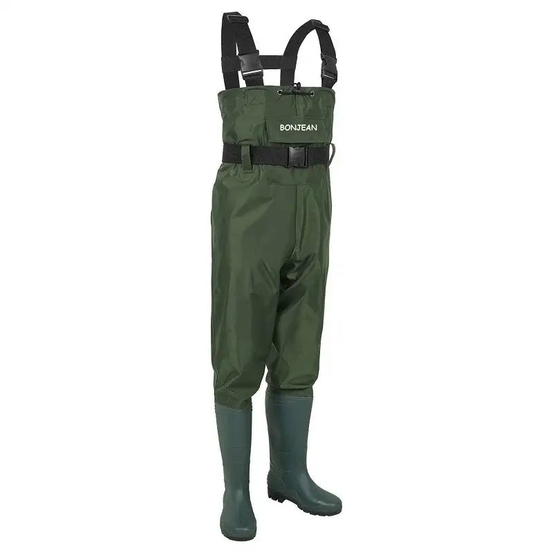 Fishing wader pants overalls with boots in green, waterproof design for men and women, ideal for fishing and outdoor activities.