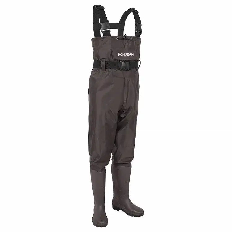Chest-length waterproof fishing wader pants overalls with integrated boots for men and women.