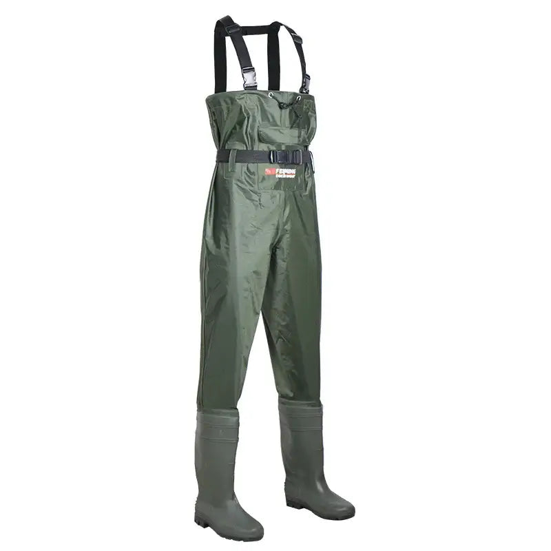 Fishing wader pants overalls with boots, waterproof and durable for men and women, ideal for fishing and outdoor activities.