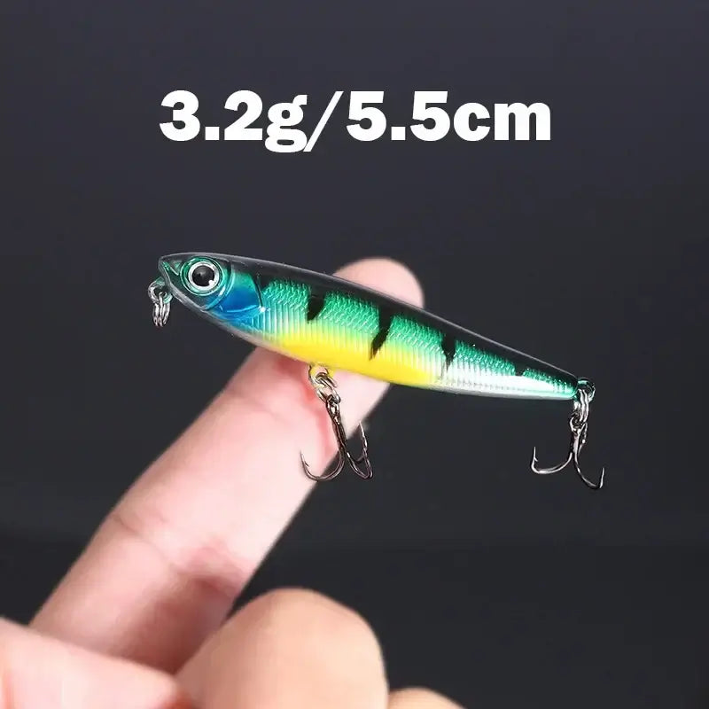 5.5cm Floating Pencil Fishing Lure with blue and yellow stripes, perfect for topwater fishing.
