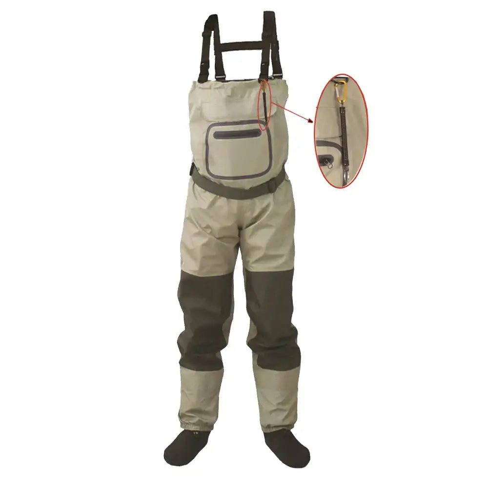Men's and Women's breathable waterproof fly fishing chest waders with stocking foot design and adjustable straps.