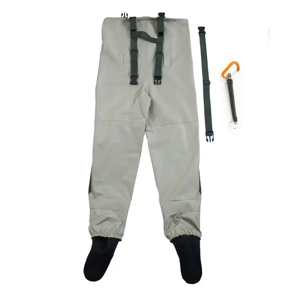 Fly fishing chest waders in grey, breathable and waterproof, featuring stocking foot design for men and women.