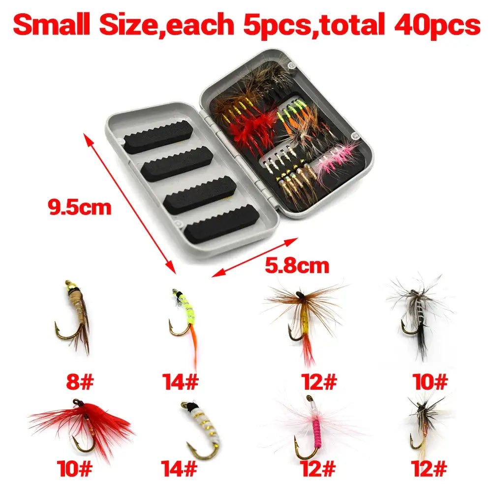 Fly fishing flies kit featuring 40 handmade flies in a compact case, perfect for trout and bass fishing.