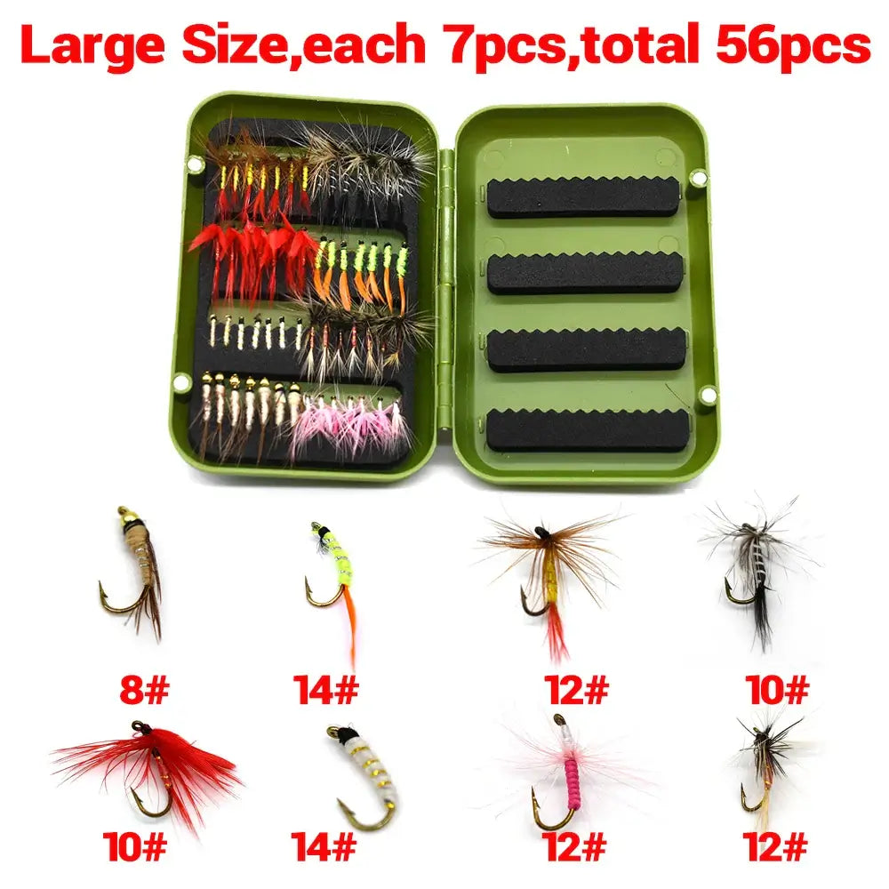 Fly fishing flies kit with 56 handcrafted flies, including dry and wet flies, organized in a green tackle box.