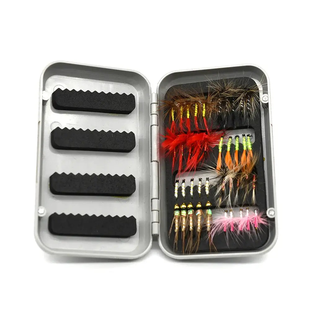 Fly fishing flies kit with various handcrafted dry and wet flies in a compact storage box.
