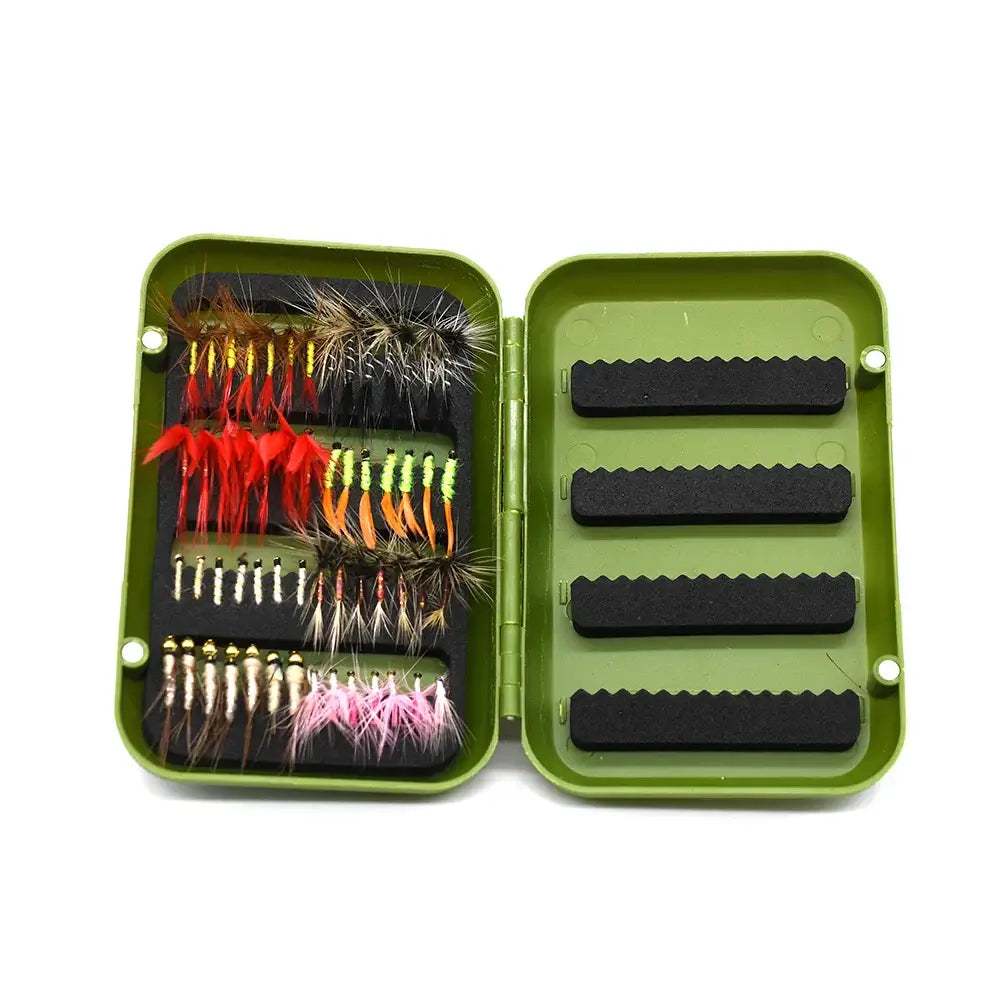Fly fishing flies kit in green case with assorted handmade dry and wet flies for trout and bass fishing.