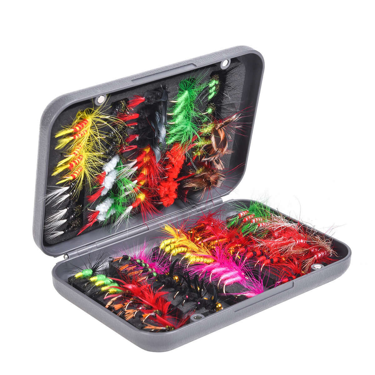 Colorful assortment of fly fishing lures in a compact storage box, ideal for attracting fish in freshwater.