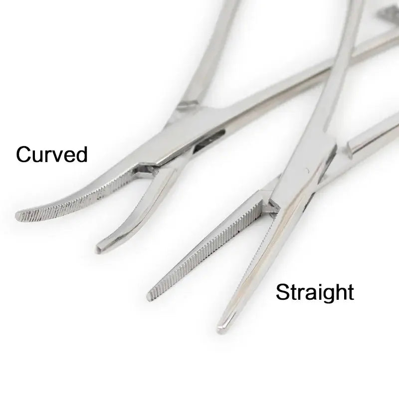 FLYSAND stainless steel fishing pliers showcasing curved and straight tips for precision tackle adjustments.