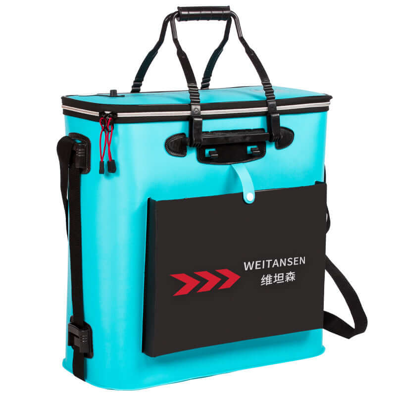 Foldable fishing box live fish bucket in vibrant blue with detachable shoulder strap and storage compartments.