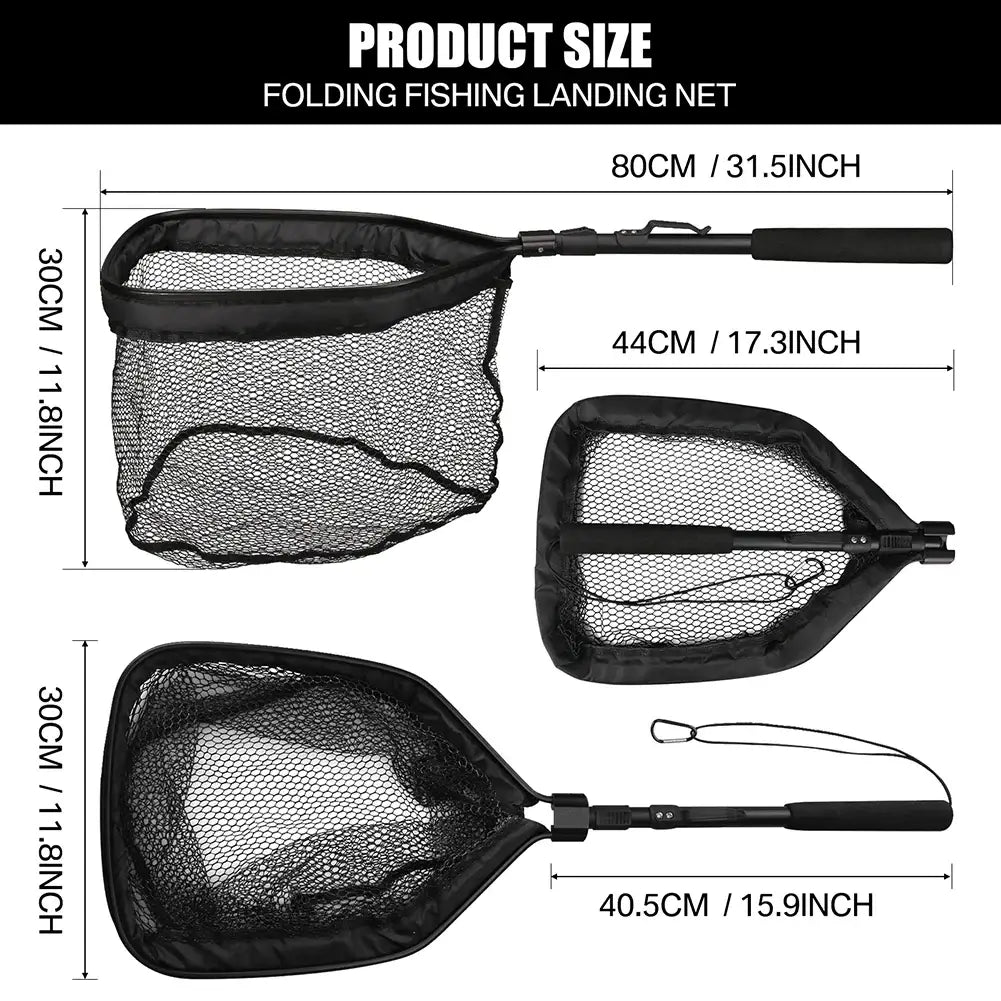 Folding fishing landing net sizes: 80cm, 44cm, and 40.5cm with measurement labels for easy selection.