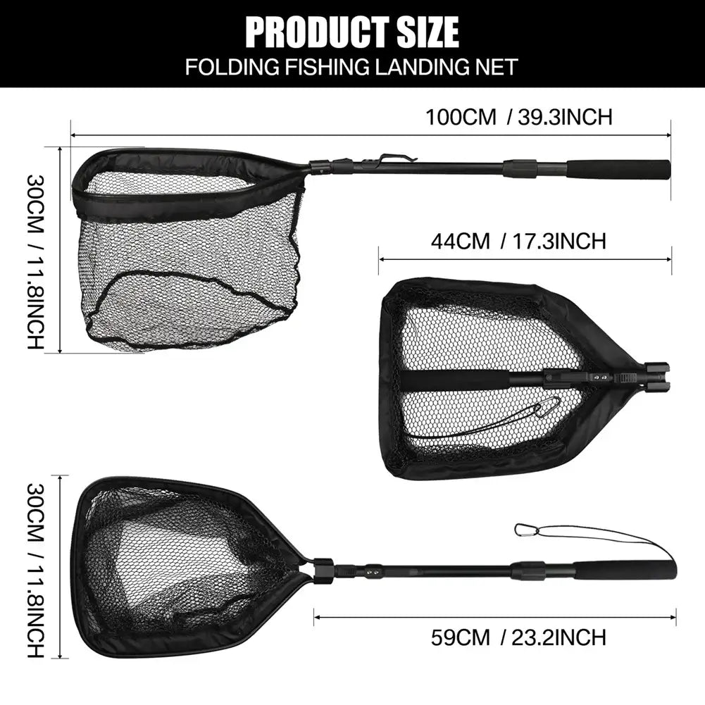 Dimensions of a folding fishing landing net showing sizes of 100cm, 44cm, and 59cm for easy transport and storage.