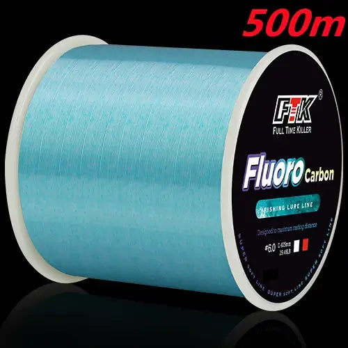 FTK 500m fluorocarbon fishing line with speckled coating, strong and low visibility for effective fishing.