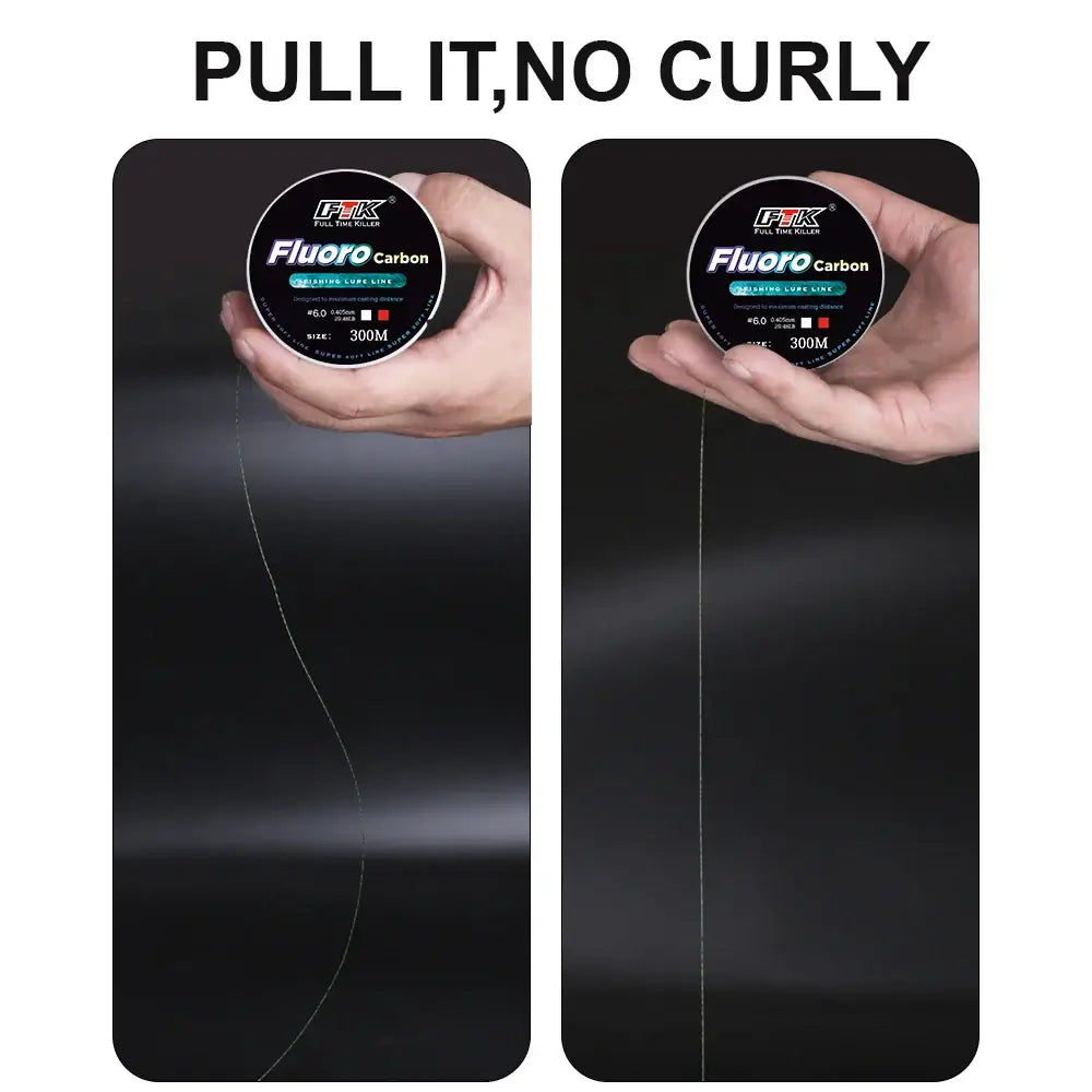FTK 300m invisible fishing line shown straight, emphasizing no curl with speckle fluorocarbon coating.