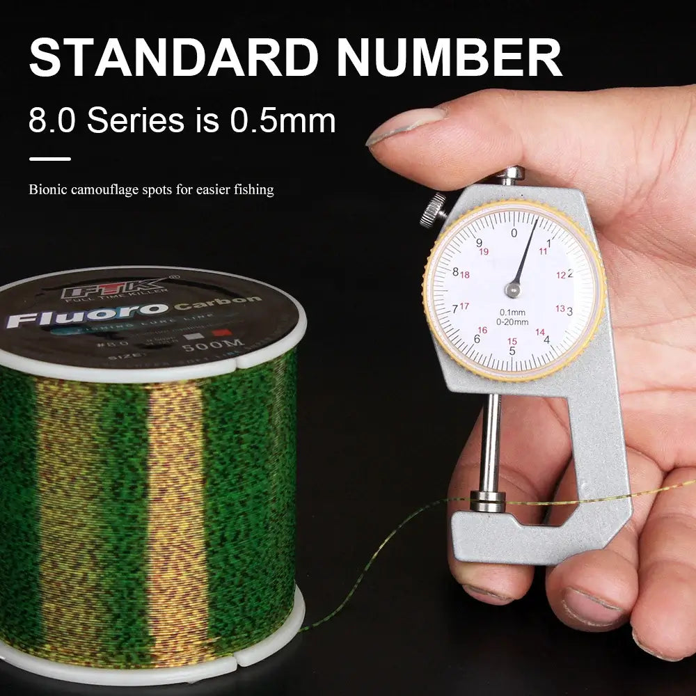 FTK 8.0 Series 0.5mm fishing line being measured with a caliper, showcasing bionic camouflage spots.