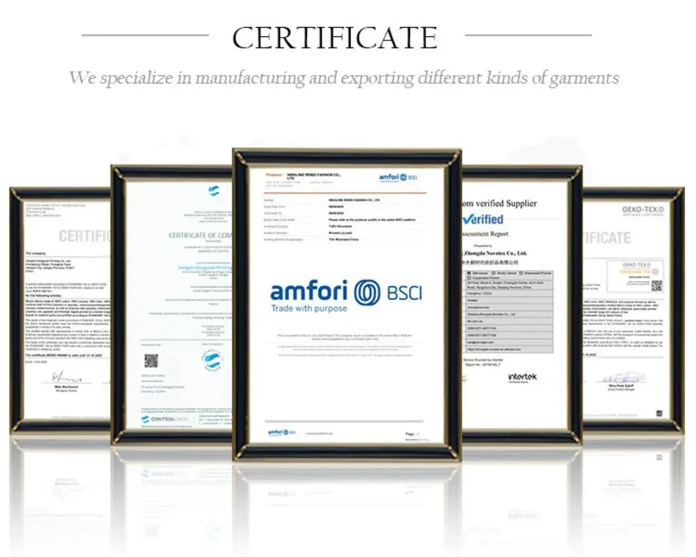 Certificates showcasing garment manufacturing and export capabilities, including amfori BSCI verification.