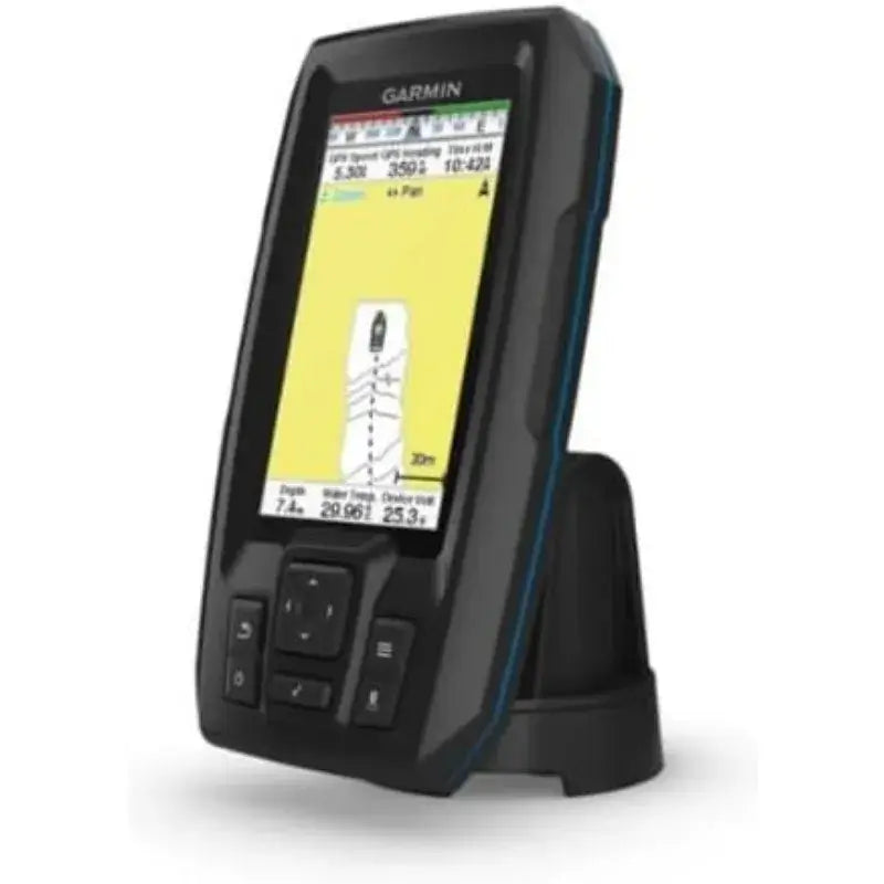 Garmin Striker 4cv GPS fishfinder displaying sonar images and navigation data on a 4-inch screen.