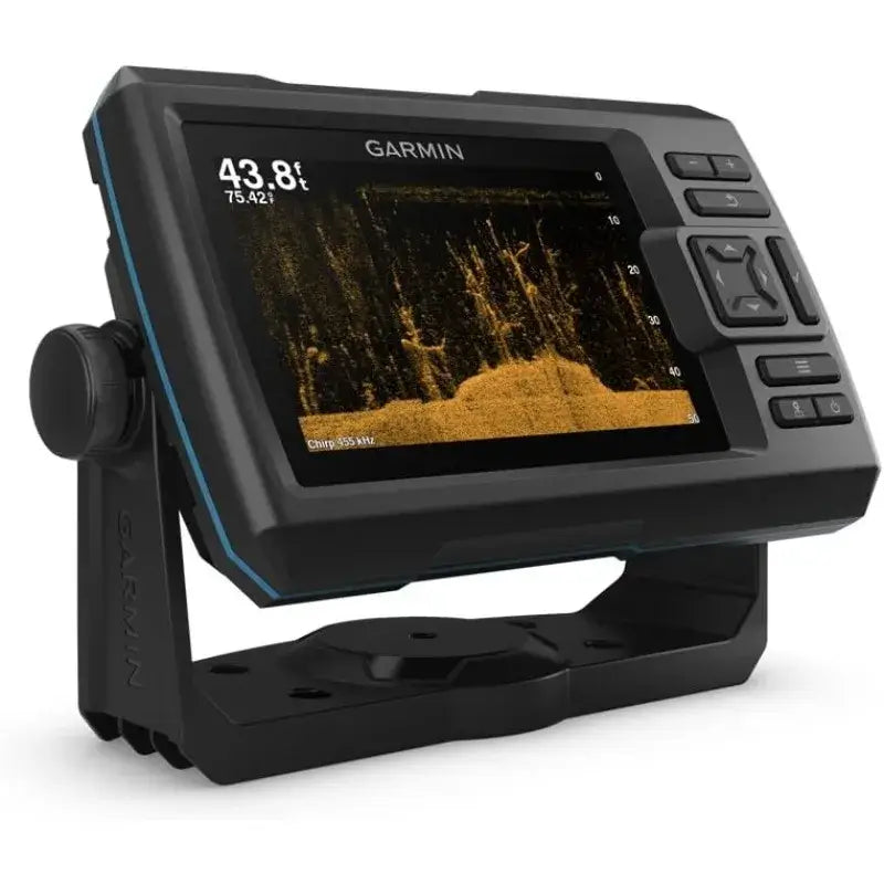 Garmin 010-01872-00 STRIKER 5CV fishfinder with CHIRP sonar and 5-inch display mounted on a stand.