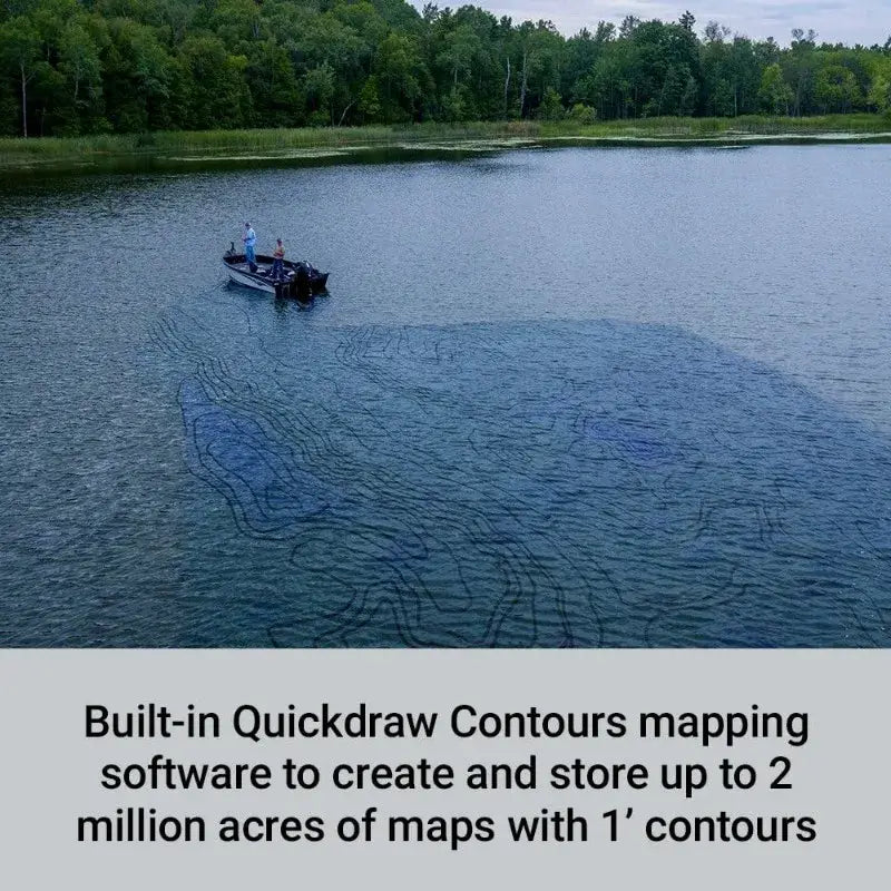 A boat on a lake using Garmin's Quickdraw Contours mapping software to create detailed maps with 1' contours.