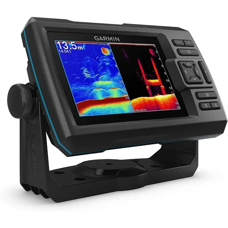 Garmin Striker Vivid 5cv fishfinder display showing vivid scanning sonar images and GPS information.