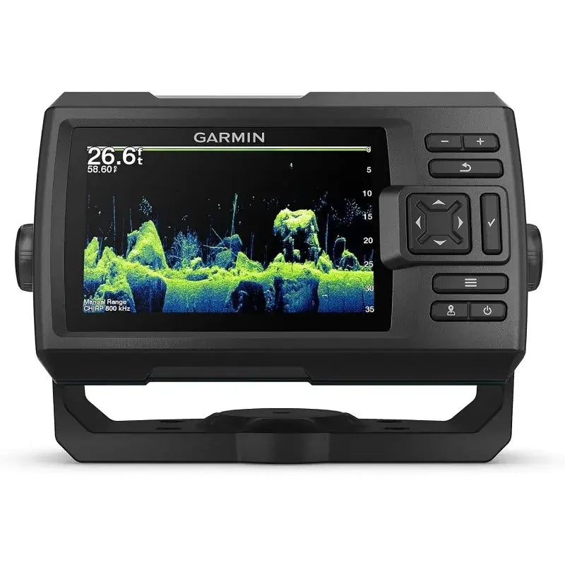 Garmin Striker Vivid 5cv fishfinder displaying vivid scanning sonar with color palettes and GPS features.