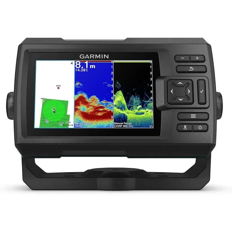 Garmin Striker Vivid 5cv fishfinder with vivid scanning sonar and GPS, showcasing a color display with fish and structure.