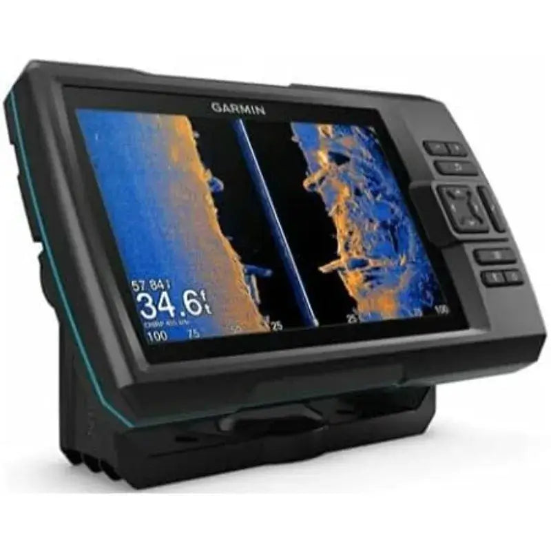 Garmin Striker Vivid 7sv fishfinder with 7-inch color screen displaying high-resolution sonar images.