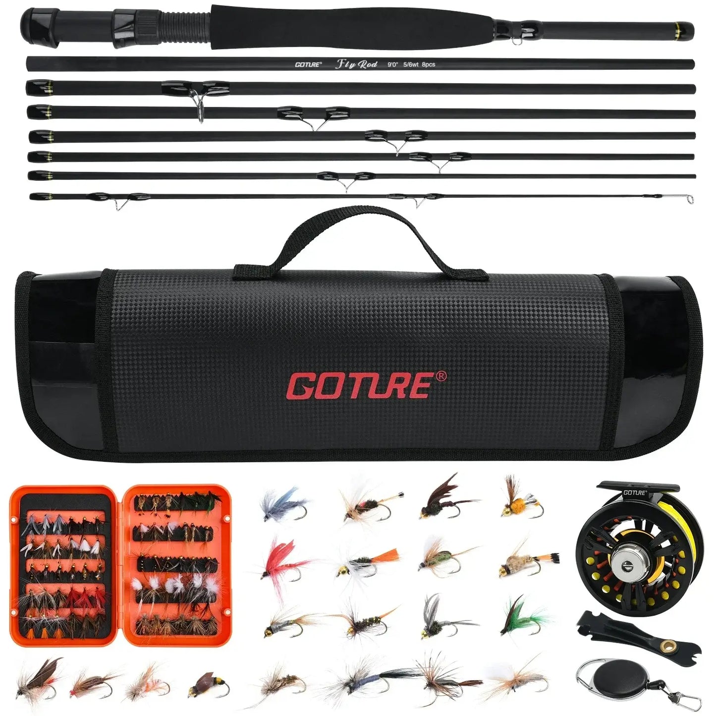 Goture 2.7m fly fishing rod set with reels, tackle bag, and flies for portable fishing.