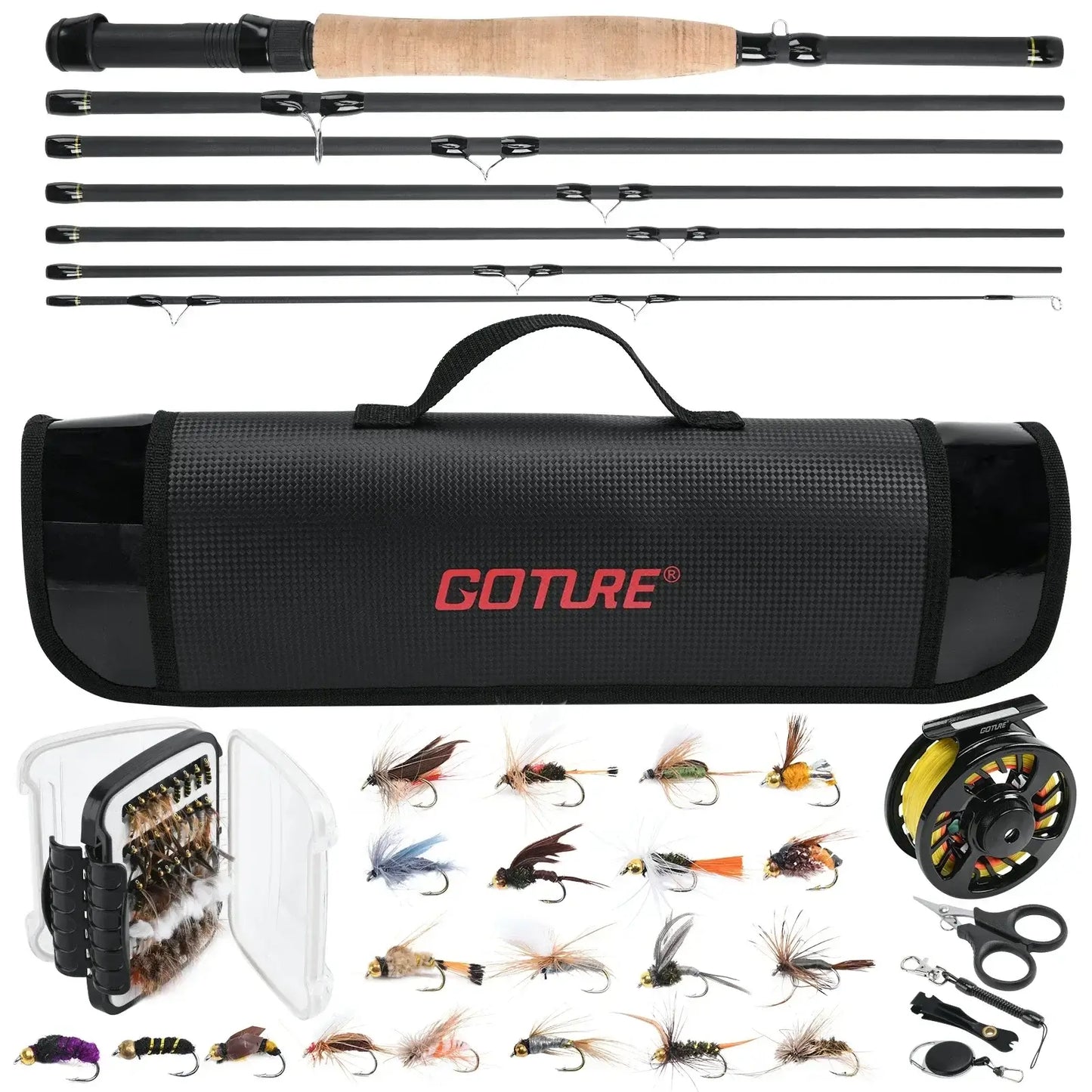 Goture 2.7m fly fishing rod set with reel, tackle bag, and assorted flies for outdoor fishing adventures.