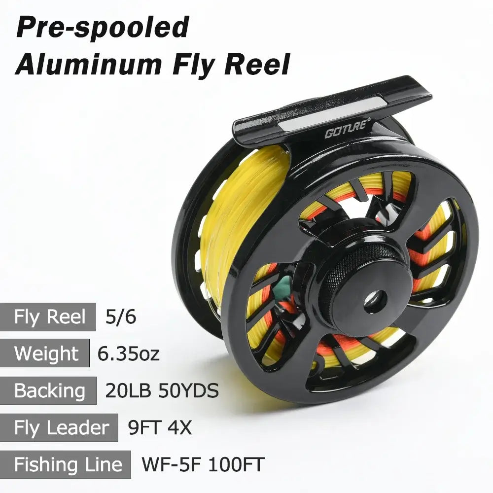 Pre-spooled aluminum fly reel by Goture, 5/6 weight, 6.35oz, includes 20LB 50YDS backing and 100FT fishing line.