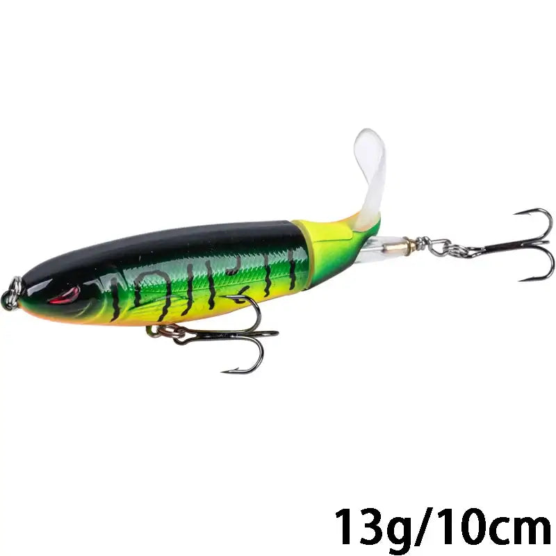 Goture Whopper Popper 10cm topwater fishing lure in vibrant black and green design with rotating tail and treble hooks.