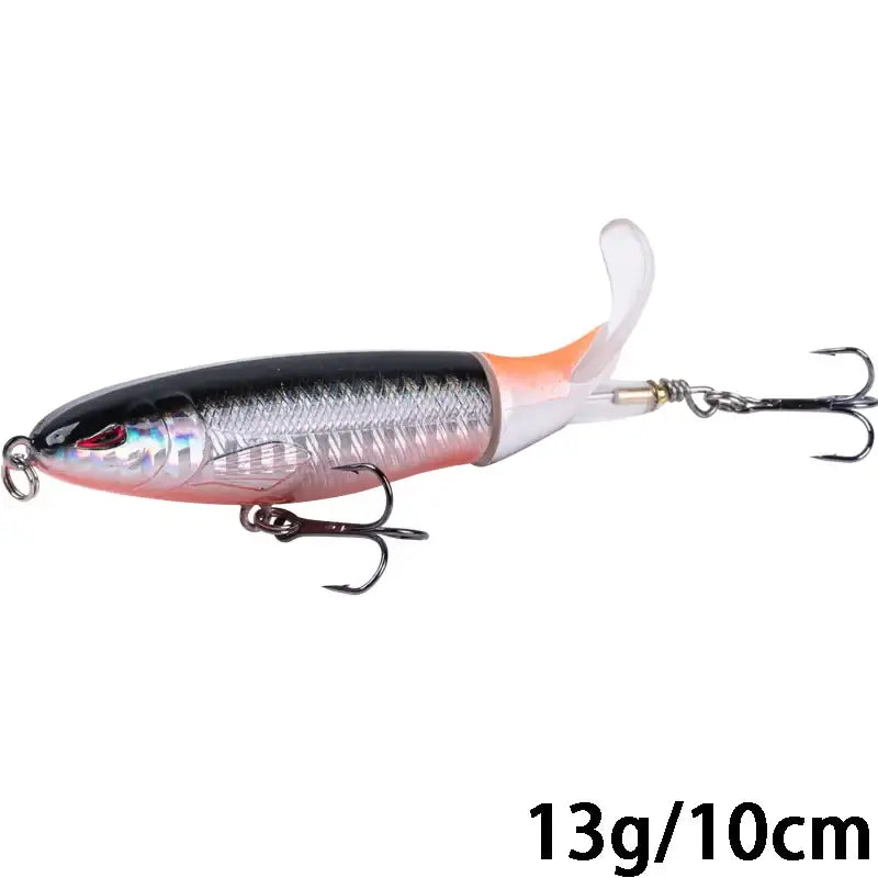 Goture 10cm topwater fishing lure with rotating tail, designed for pike and predator fishing, featuring treble hooks.