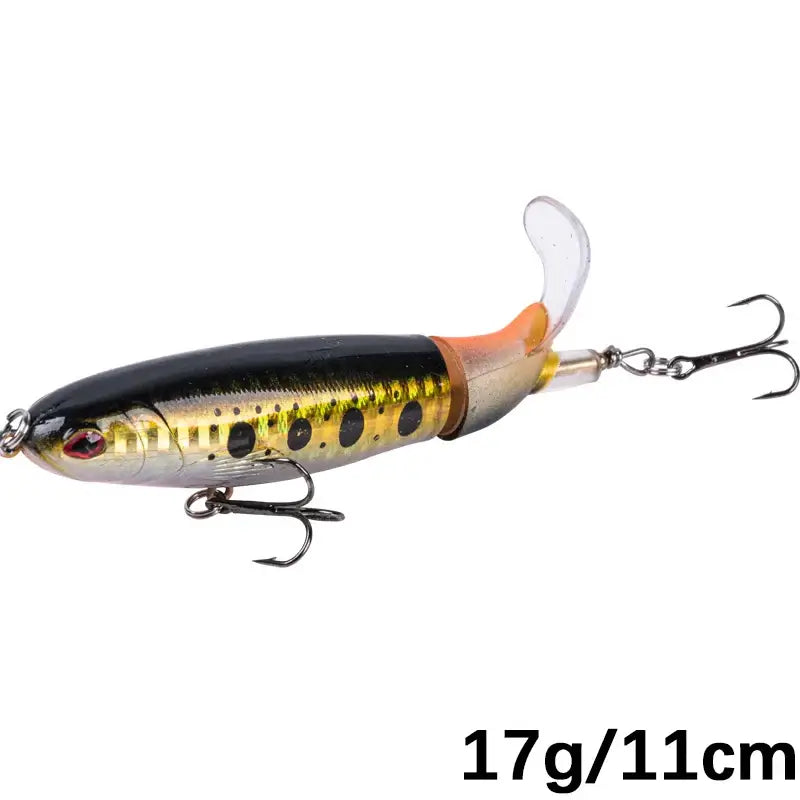 Goture Whopper Popper 11cm fishing lure with rotating tail, designed for topwater fishing and attracting pike.