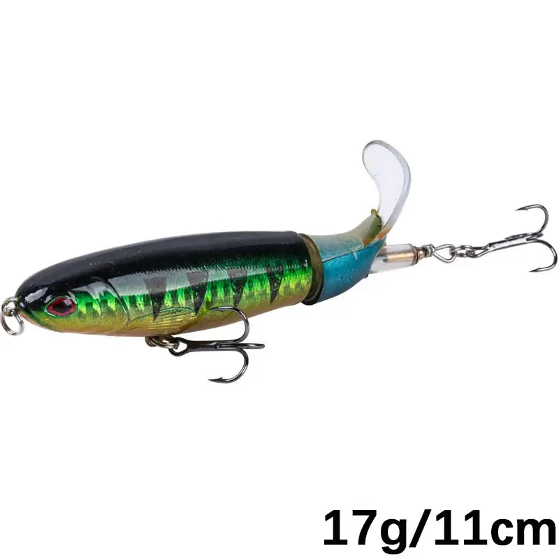 Goture Whopper Popper 11cm topwater fishing lure with rotating tail, ideal for pike and predatory fishing.
