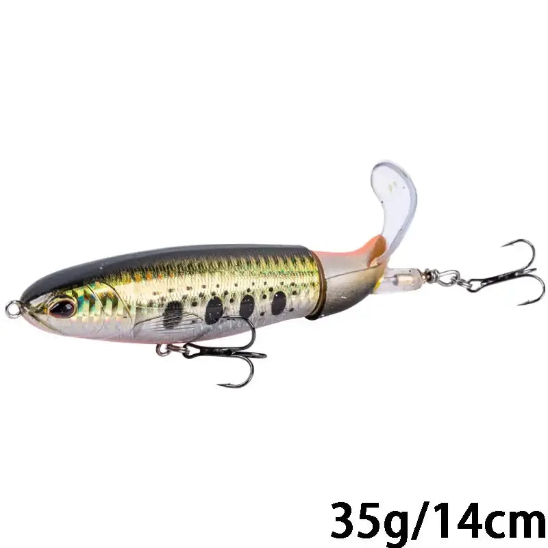 Goture 14cm/35g topwater fishing lure with rotating tail and treble hooks, ideal for pike and predator fishing.