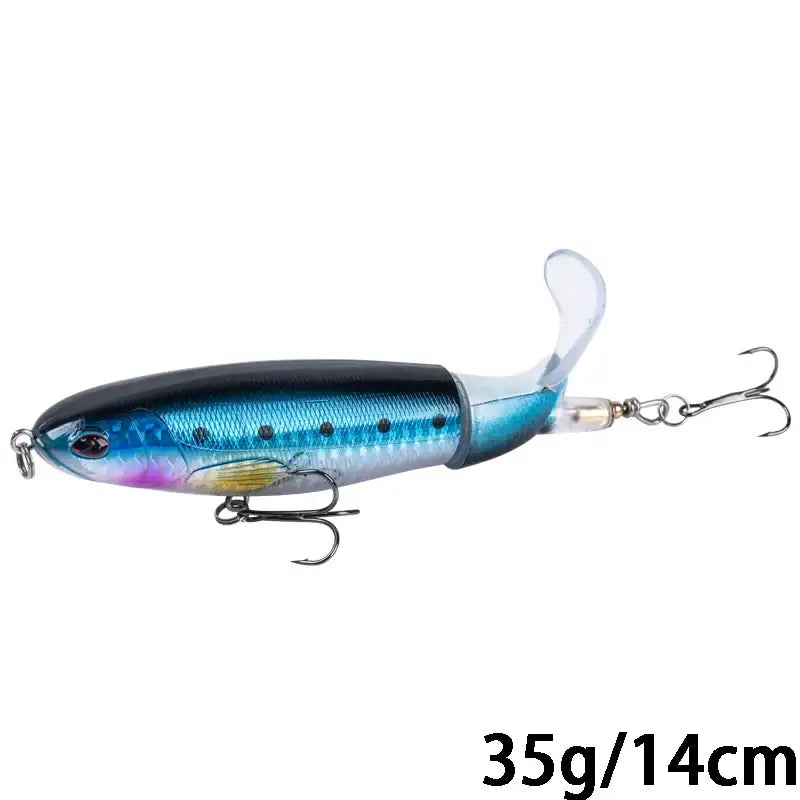 Goture 14cm topwater fishing lure in blue and silver, featuring rotating tail and sharp hooks for pike fishing.