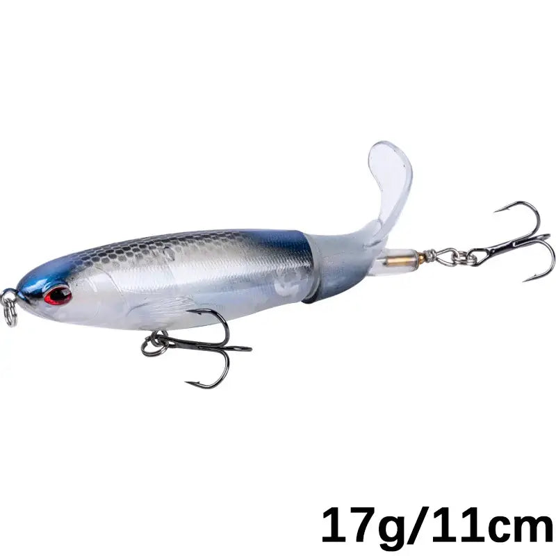 Goture 11cm/17g topwater fishing lure featuring a rotating tail and treble hooks, ideal for pike fishing.