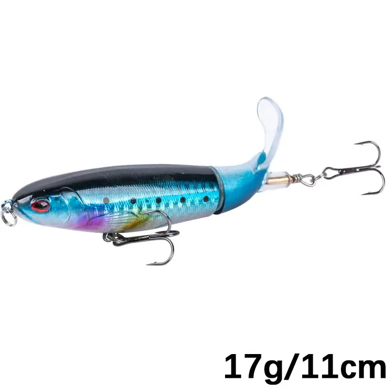 Goture Whopper Popper 11cm topwater fishing lure with rotating tail and hooks for pike fishing.