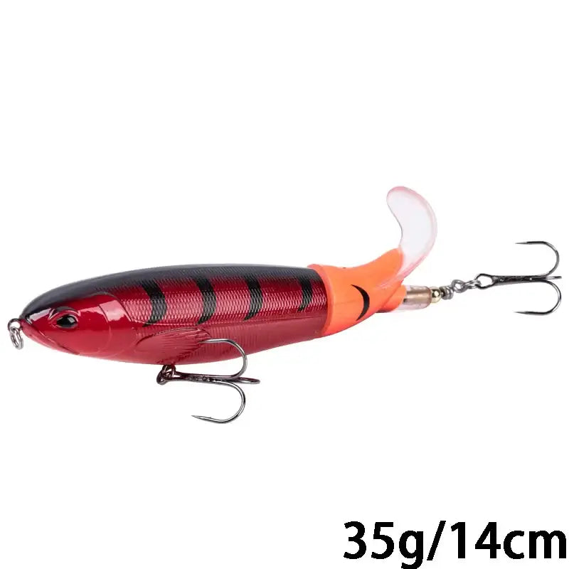 Goture 14cm topwater fishing lure with rotating tail, designed for pike fishing. Features a vibrant red and black design.